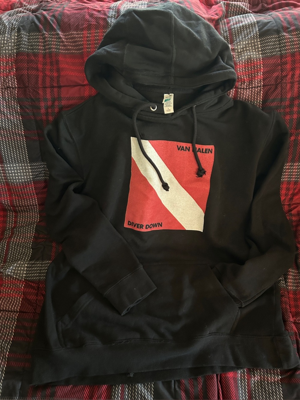 Seven7 Black Pullover Hoodie with Red and White Graphic
